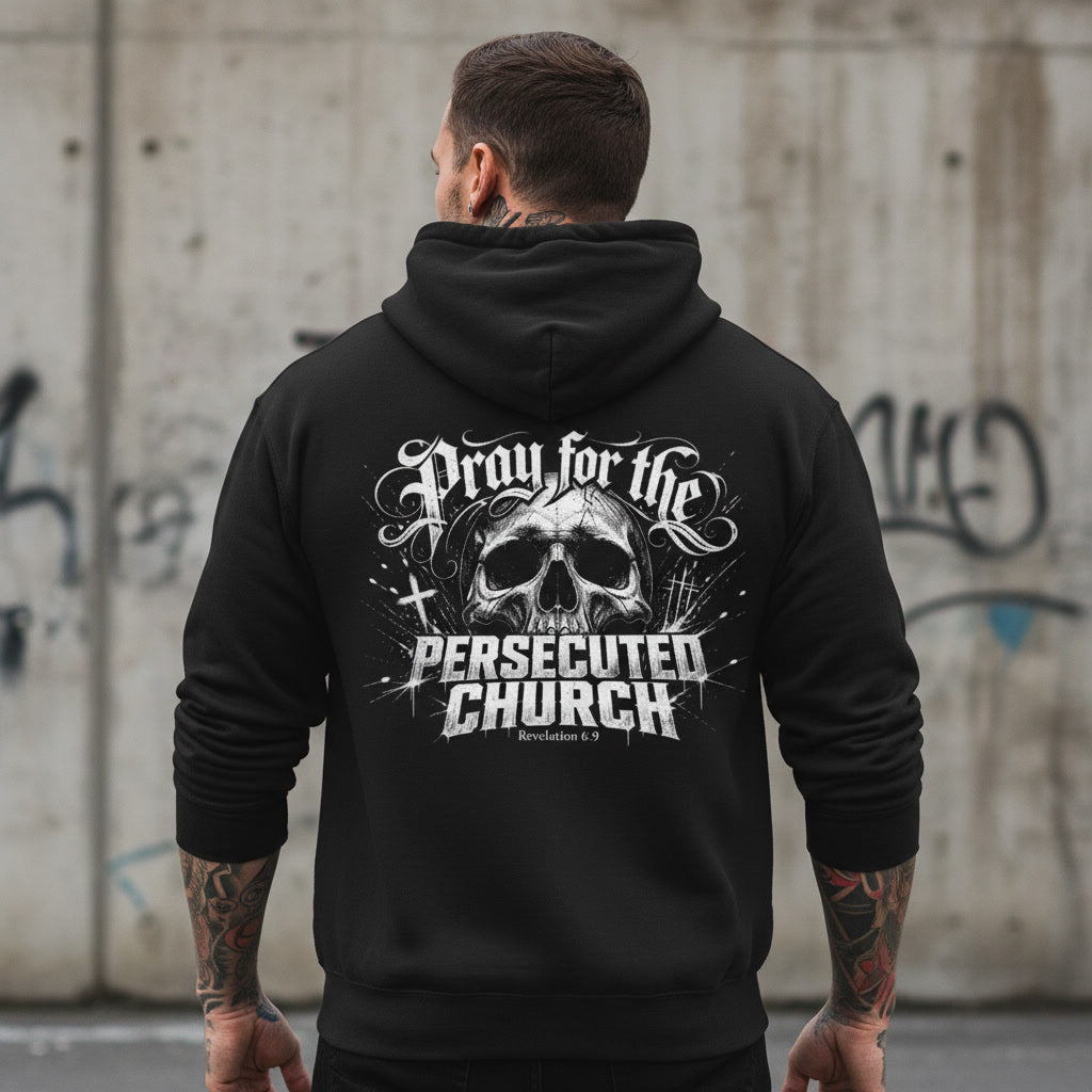 Pray for the Persecuted Church black hoodie from Pure Grit Faith, Christian metal style