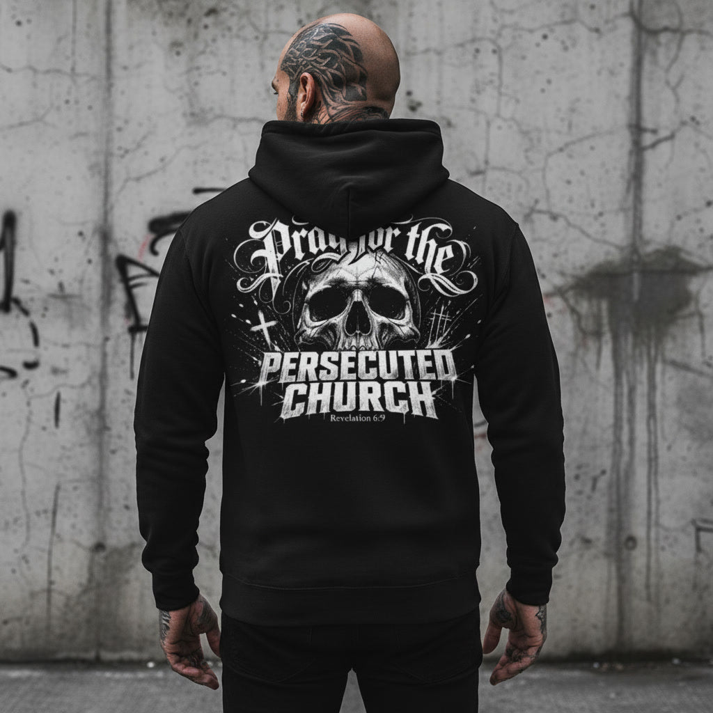 Pray for the Persecuted Church hoodie in black with a white back print, alt Christian apparel