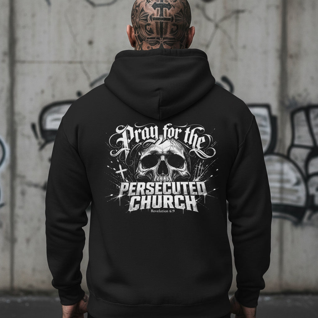 Black hoodie with the Pray for the Persecuted Church design in white across the back