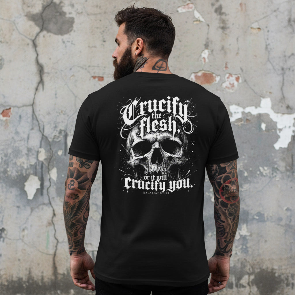 The Crucify the Flesh design in white on a black t-shirt