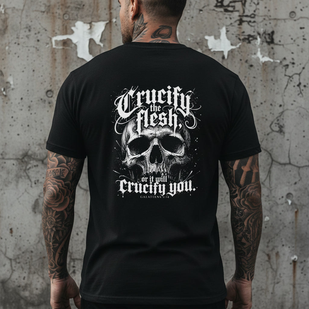 Crucify the Flesh t-shirt, alt Christian streetwear in black