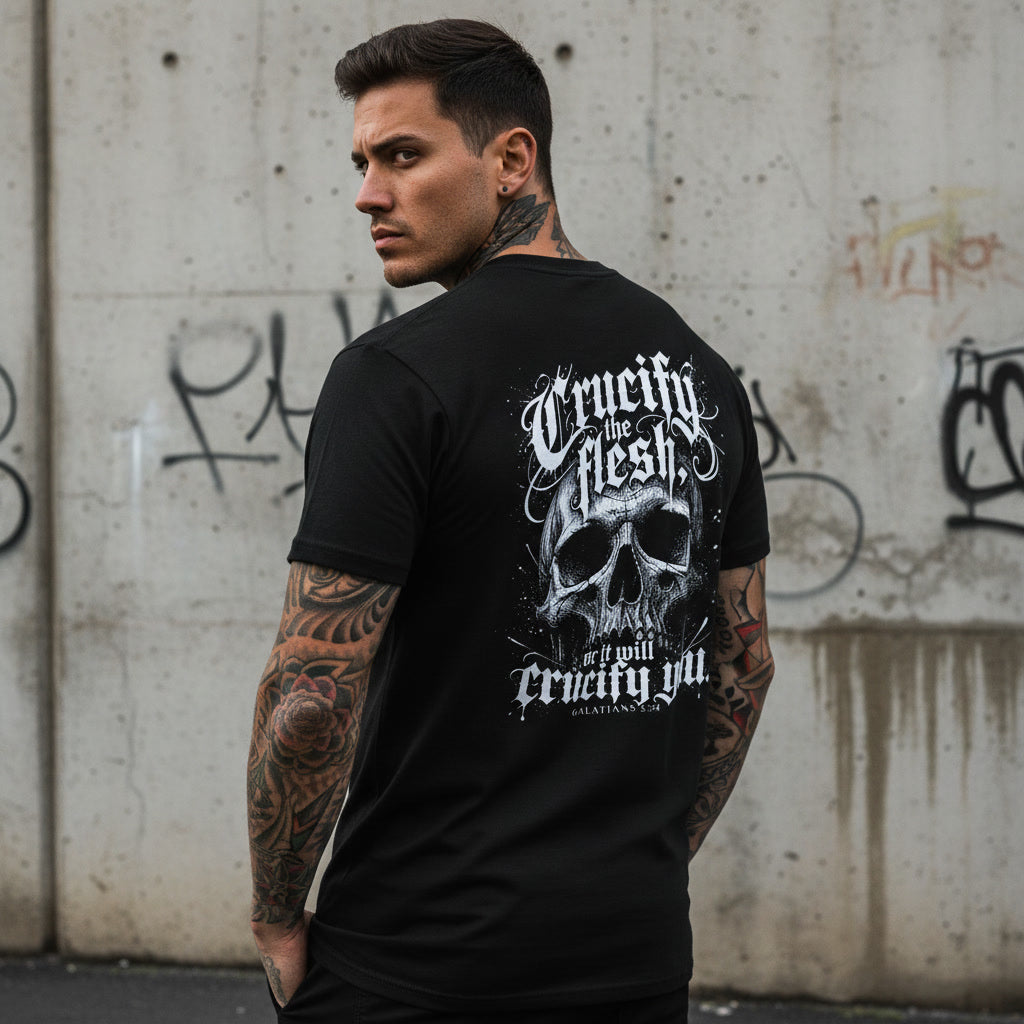 Black t-shirt showing the Crucify the Flesh print in white blackletter