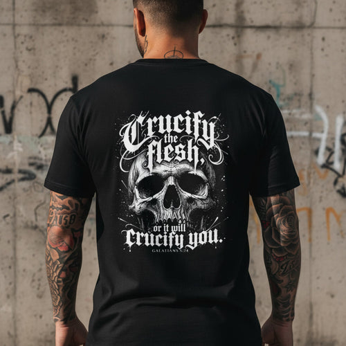 Crucify the Flesh t-shirt in black with a white back print, alt Christian apparel