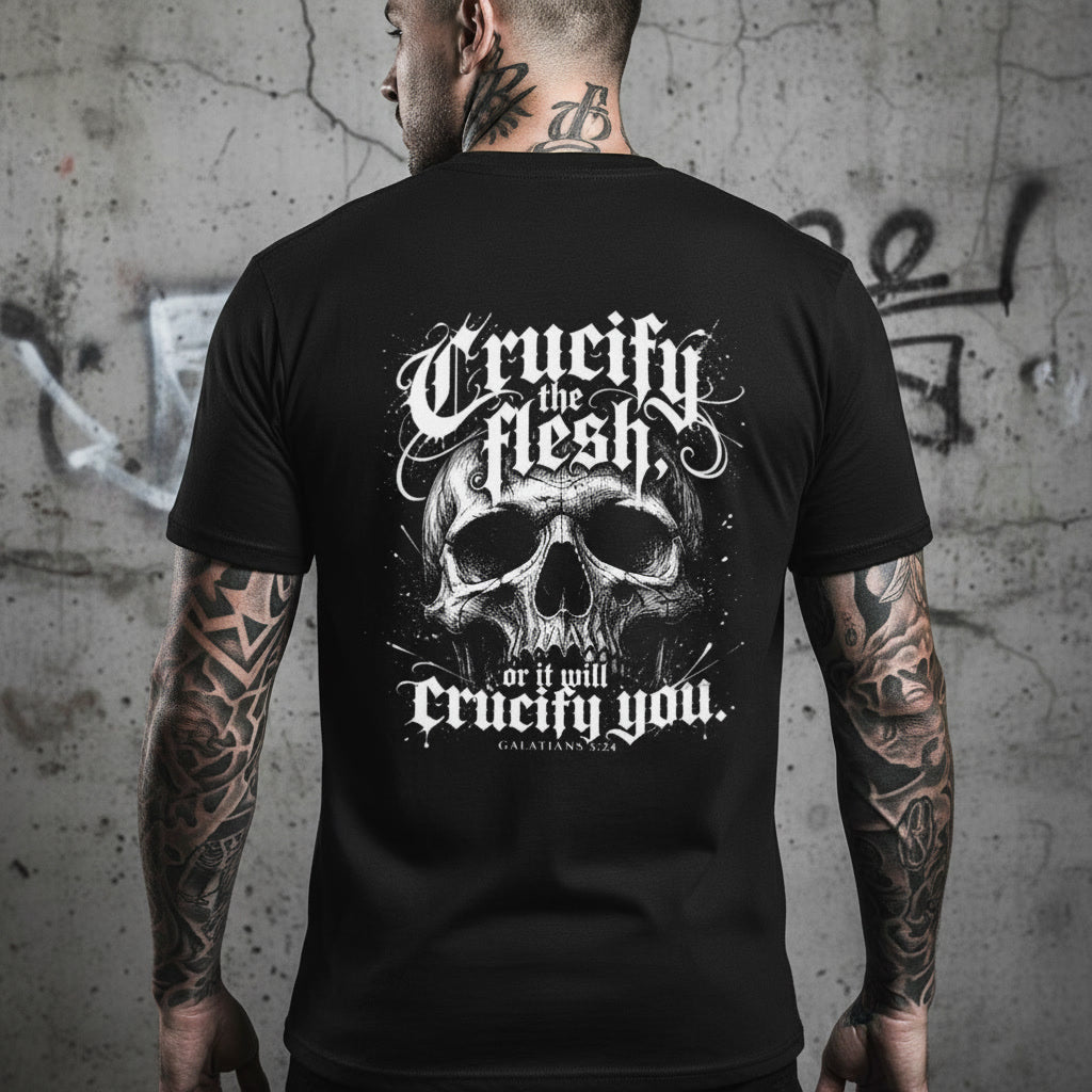 Crucify the Flesh black t-shirt from Pure Grit Faith, Christian metal style