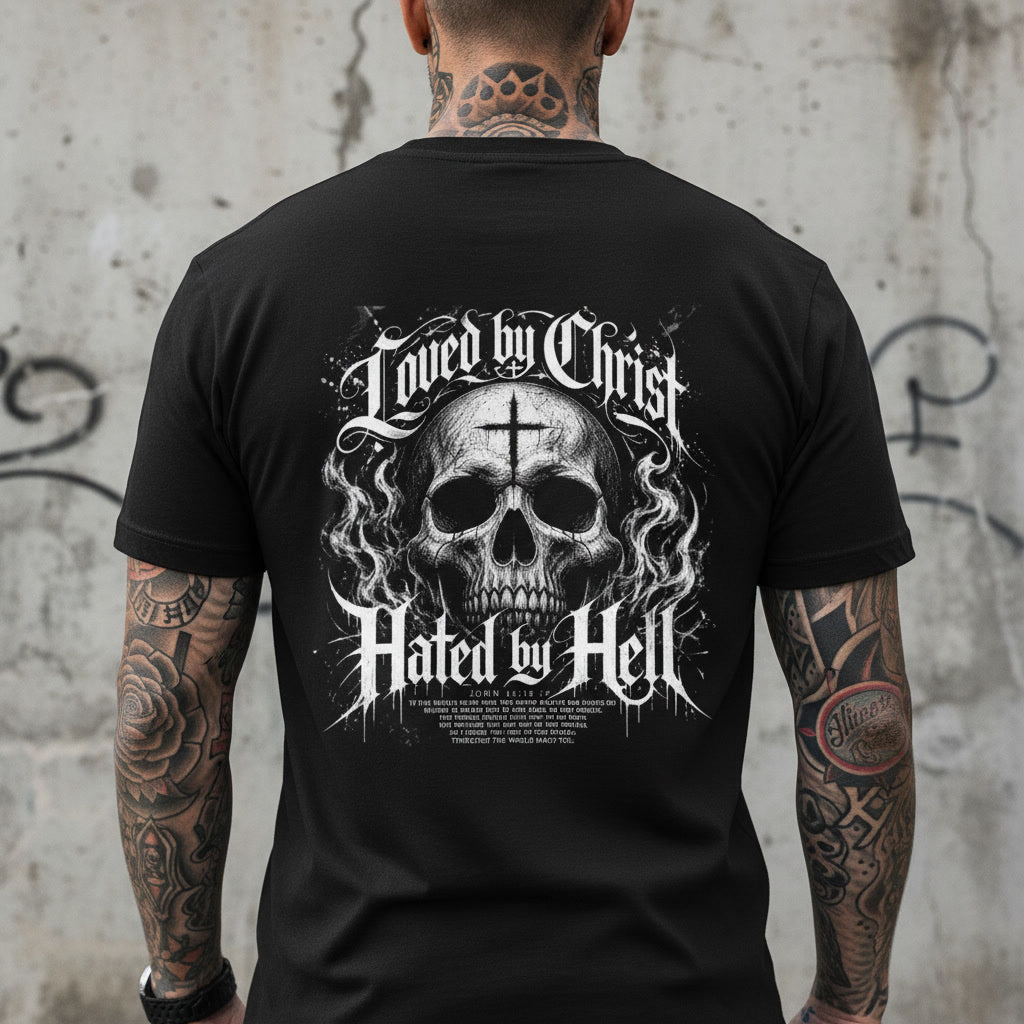 Loved by Christ, Hated by Hell t-shirt in black with a white back print, alt Christian apparel