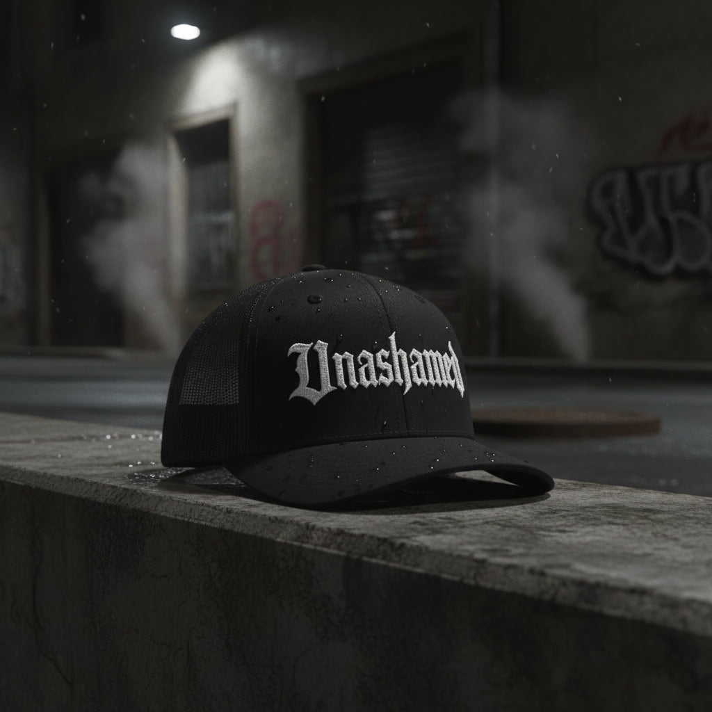 Unashamed cap in black, Christian metal style streetwear