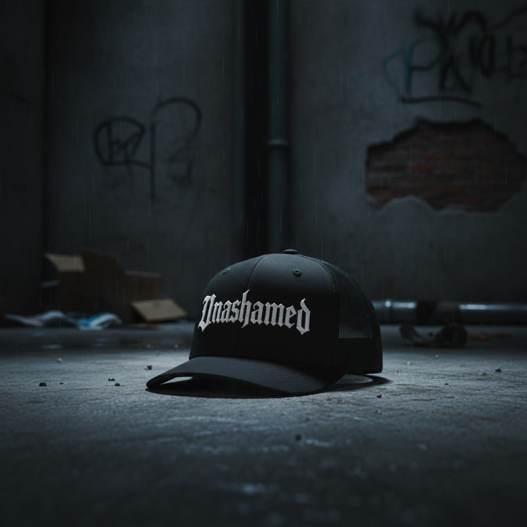 Black mesh-back trucker cap reading Unashamed