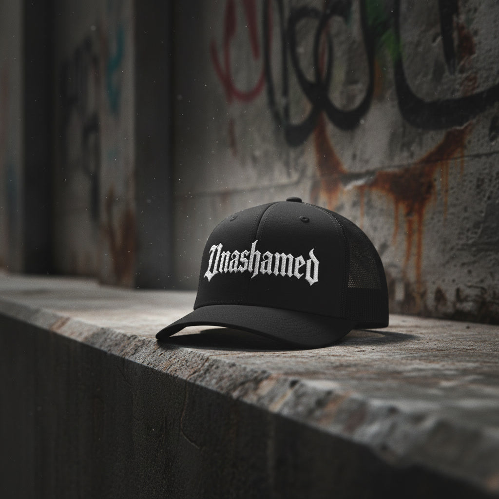 Unashamed black trucker hat, white blackletter embroidery on the front