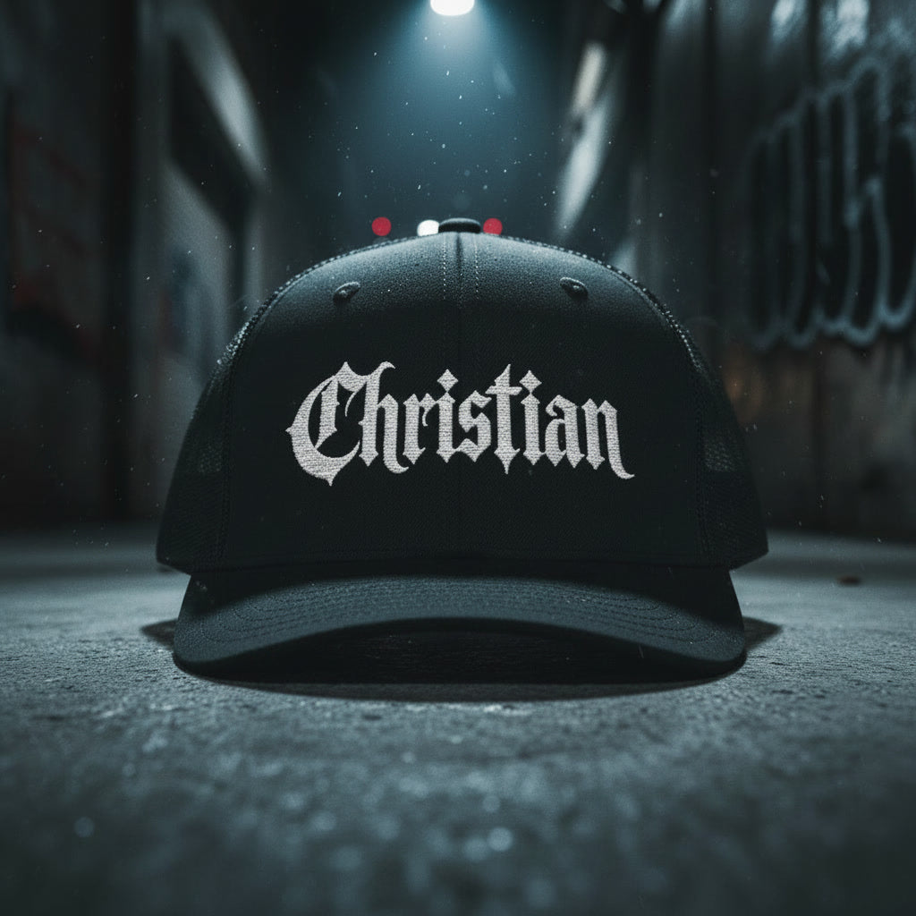 Christian black trucker hat, white blackletter embroidery on the front