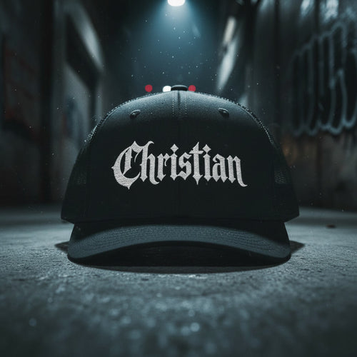 Christian black trucker hat, white blackletter embroidery on the front