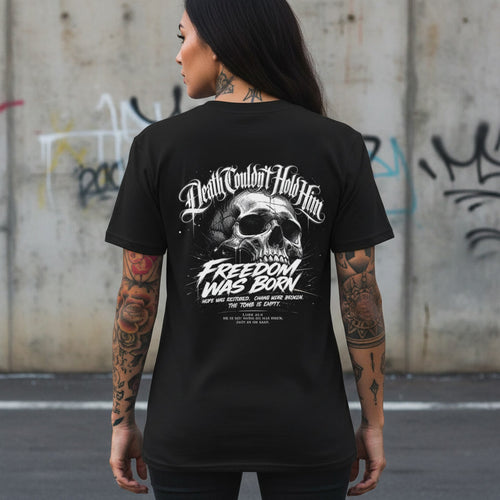 Death Couldn't Hold Him t-shirt in black with a white back print, alt Christian apparel