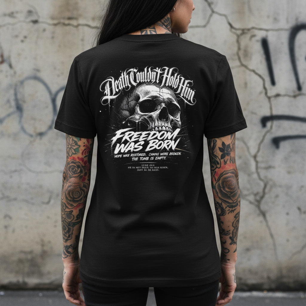 The Death Couldn't Hold Him design in white on a black t-shirt
