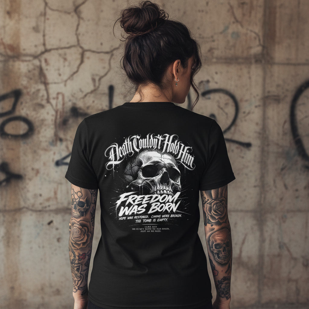 Death Couldn't Hold Him t-shirt, alt Christian streetwear in black