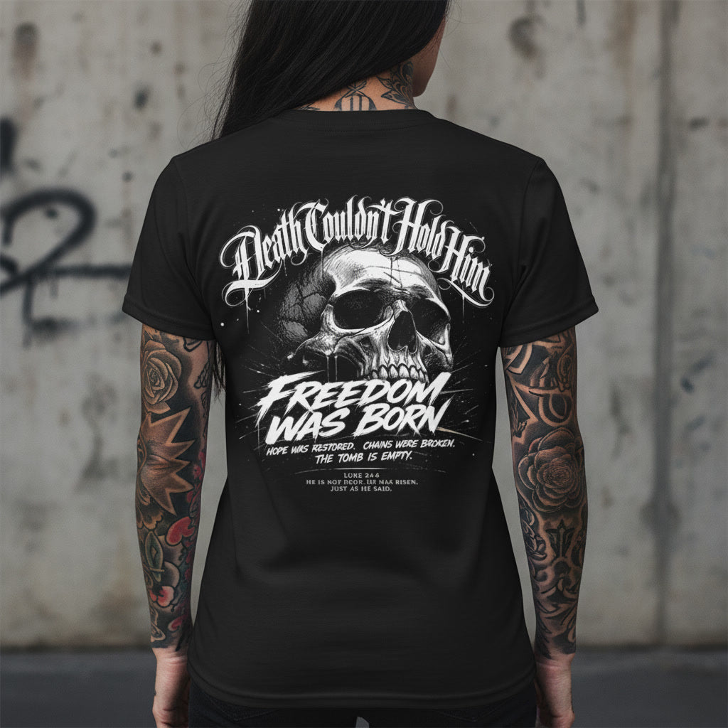 Death Couldn't Hold Him black t-shirt from Pure Grit Faith, alt Christian streetwear