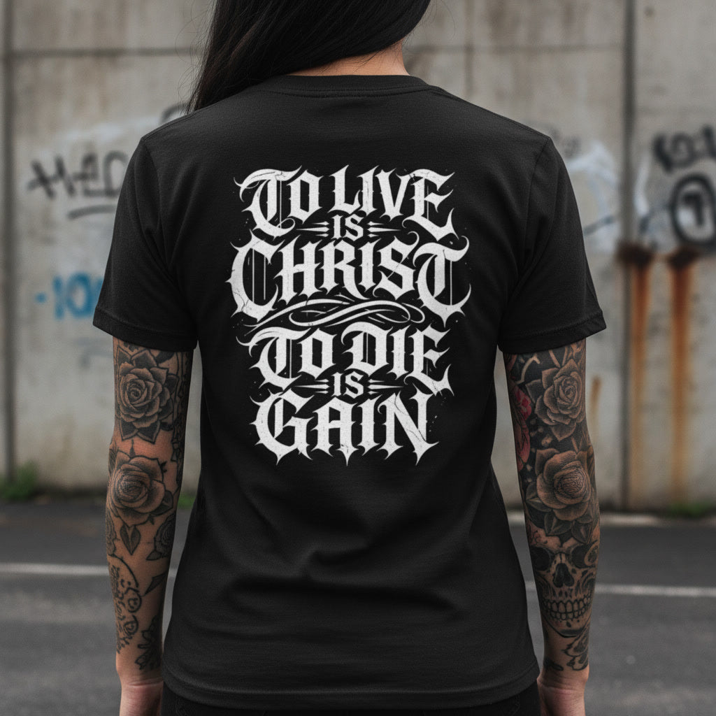 To Live Is Christ To Die Is Gain black t-shirt from Pure Grit Faith, Christian metal style