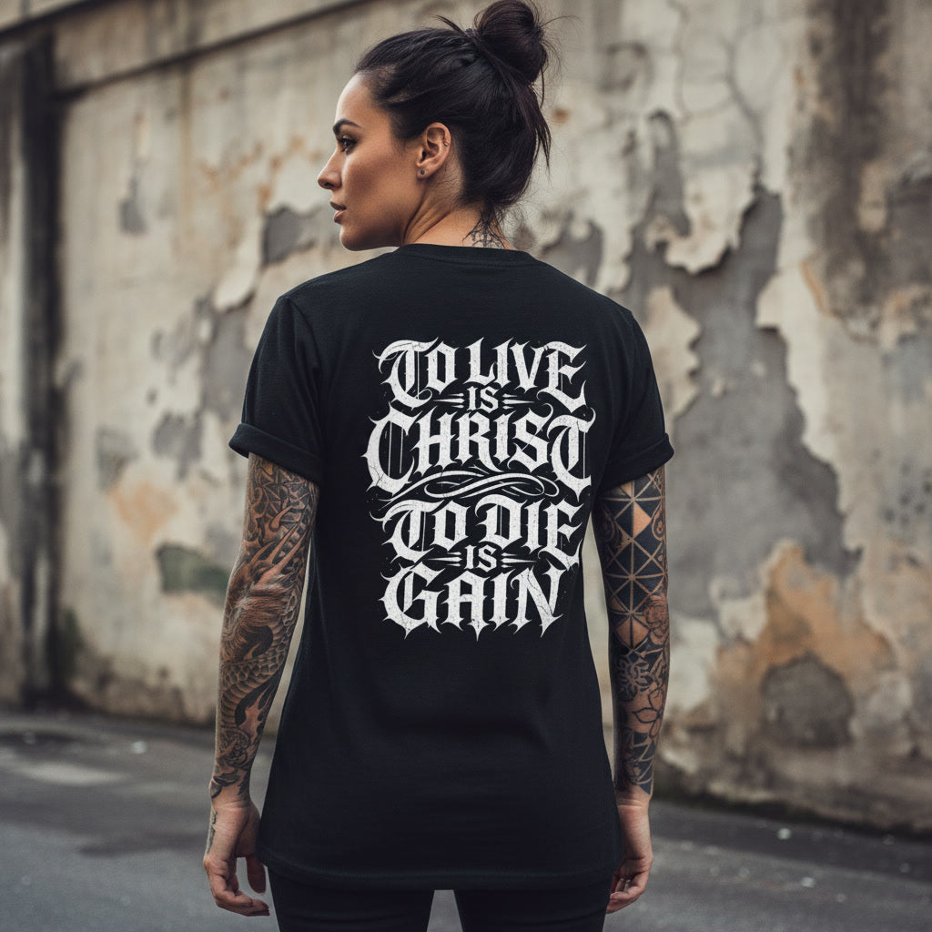 To Live Is Christ To Die Is Gain t-shirt, alt Christian streetwear in black