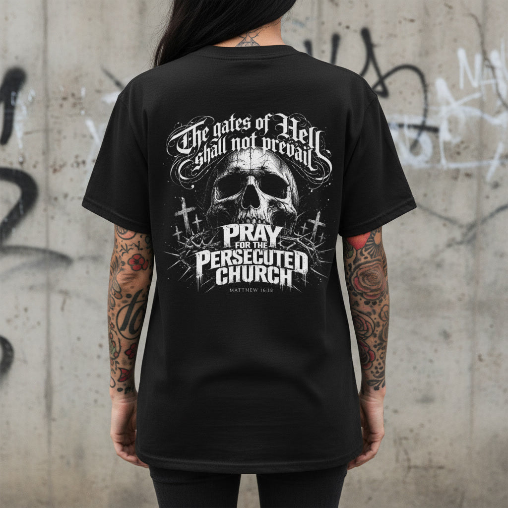 Black t-shirt with the Gates of Hell Shall Not Prevail design in white across the back