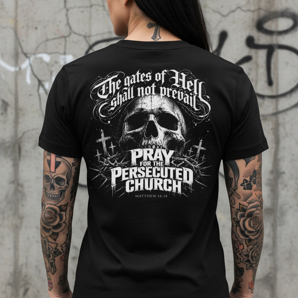 Gates of Hell Shall Not Prevail black t-shirt from Pure Grit Faith, Christian metal style
