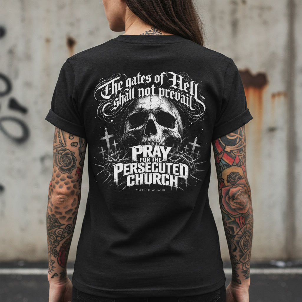Gates of Hell Shall Not Prevail t-shirt in black with a white back print, alt Christian apparel