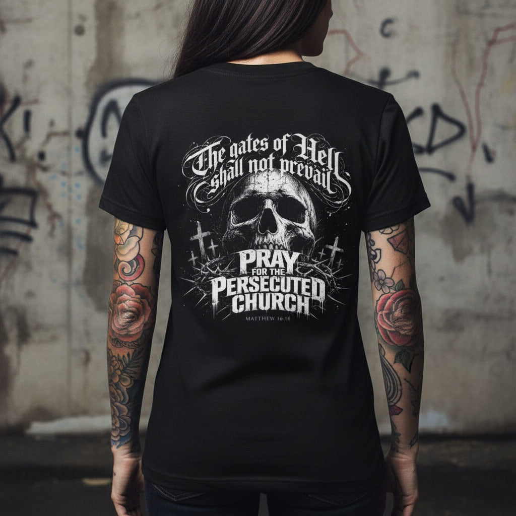 Black t-shirt showing the Gates of Hell Shall Not Prevail print in white blackletter