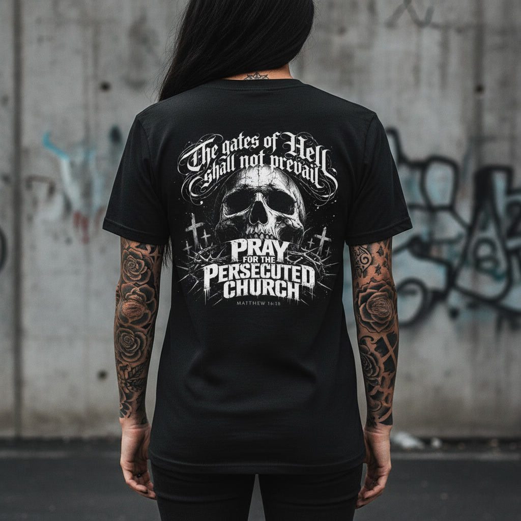 Gates of Hell Shall Not Prevail t-shirt, alt Christian streetwear in black