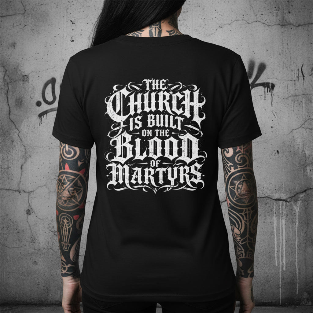 Blood of the Martyrs t-shirt in black with a white back print, alt Christian apparel