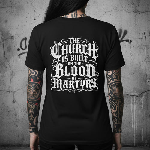 Blood of the Martyrs t-shirt in black with a white back print, alt Christian apparel