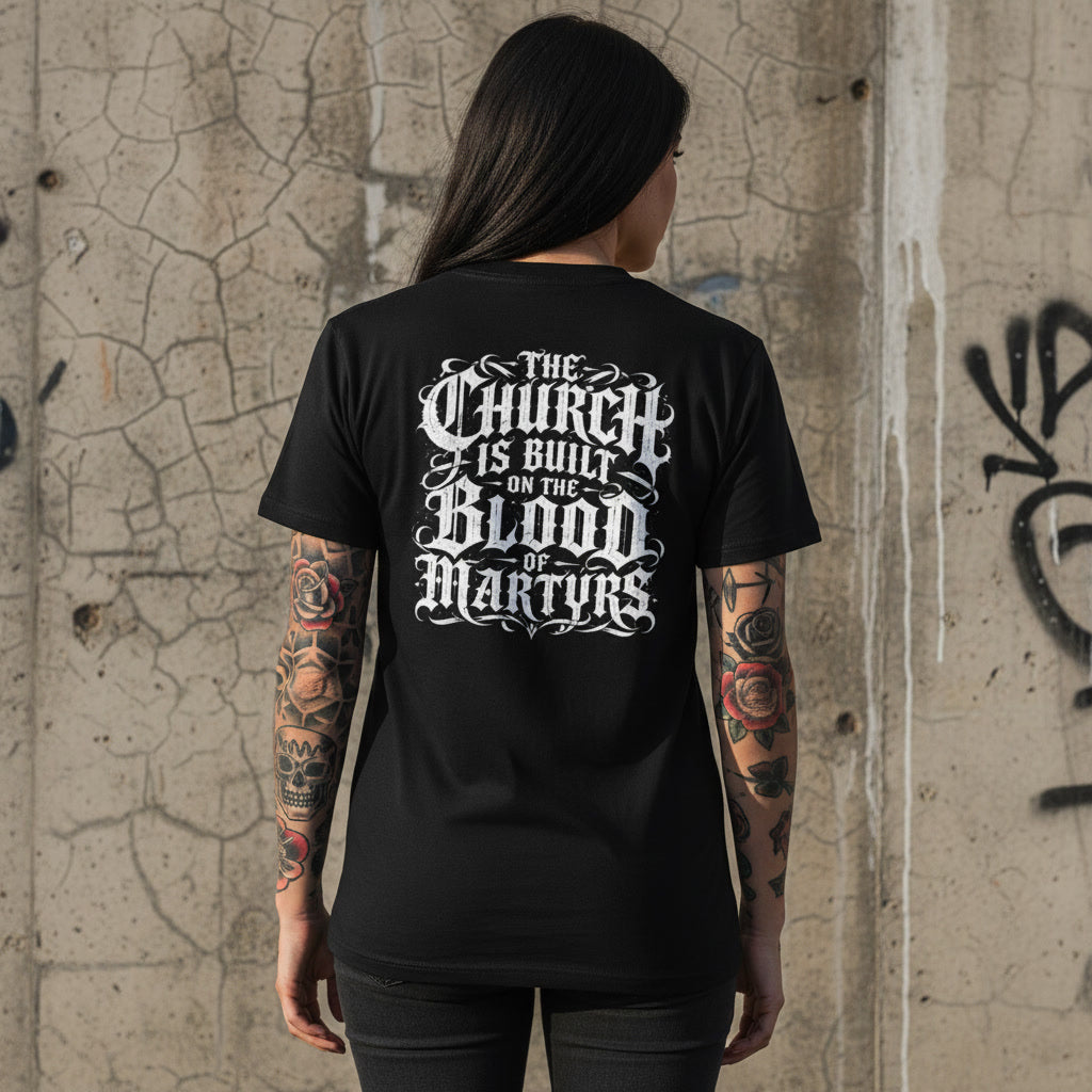 Black t-shirt showing the Blood of the Martyrs print in white blackletter