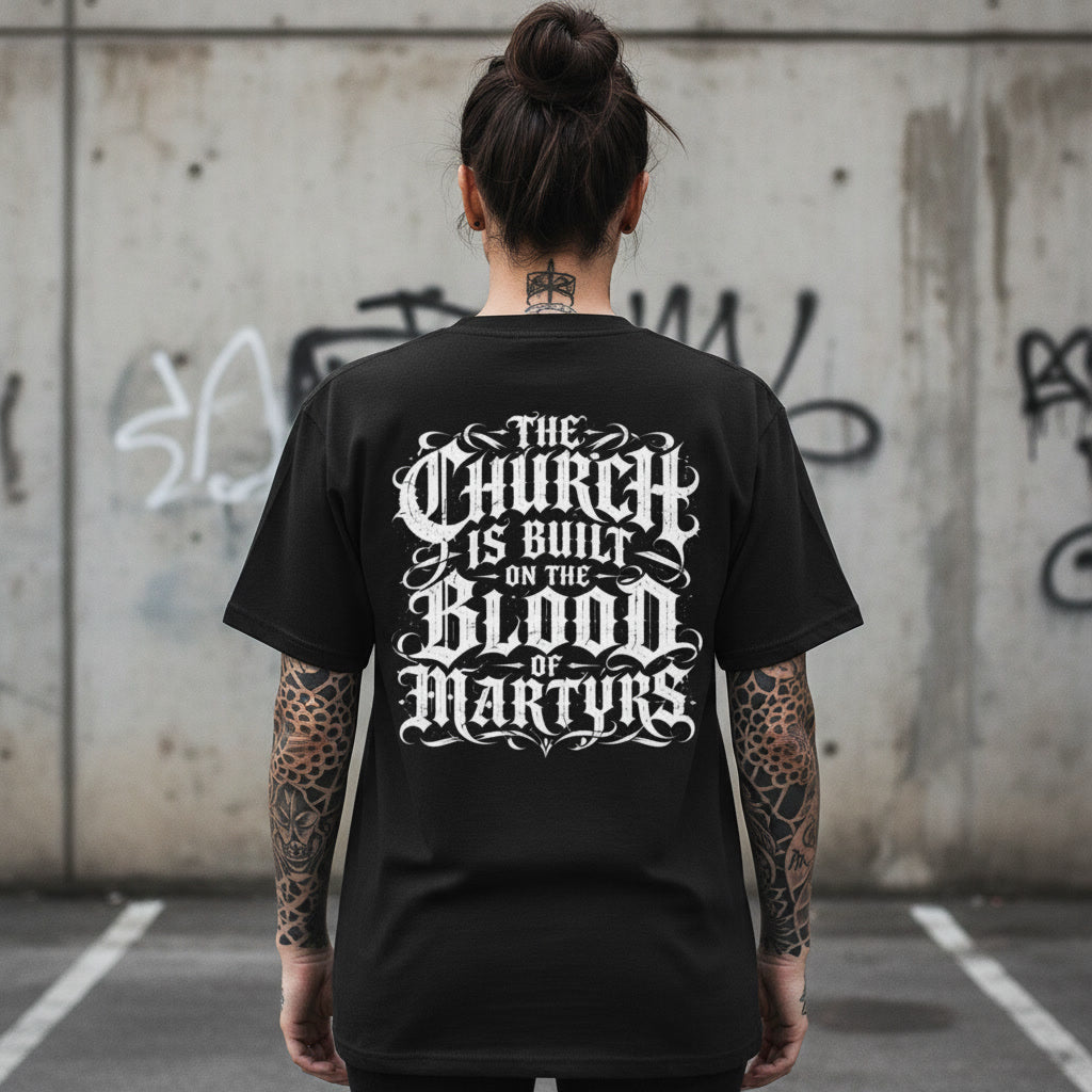 Blood of the Martyrs black t-shirt from Pure Grit Faith, Christian metal style