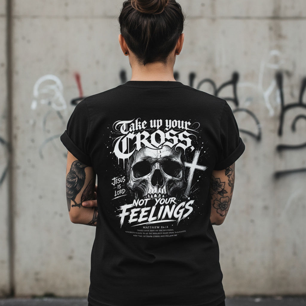 Black t-shirt with the Take Up Your Cross Not Your Feelings design in white across the back