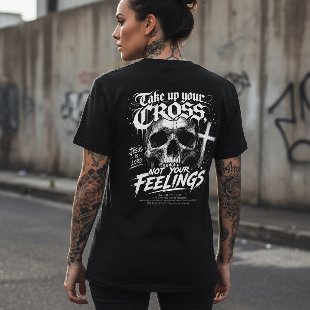 Take Up Your Cross Not Your Feelings black t-shirt from Pure Grit Faith, Christian metal style