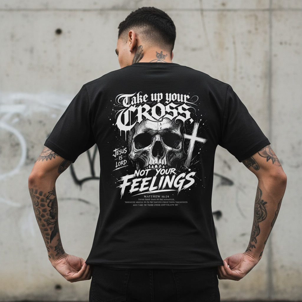 Black t-shirt showing the Take Up Your Cross Not Your Feelings print in white blackletter