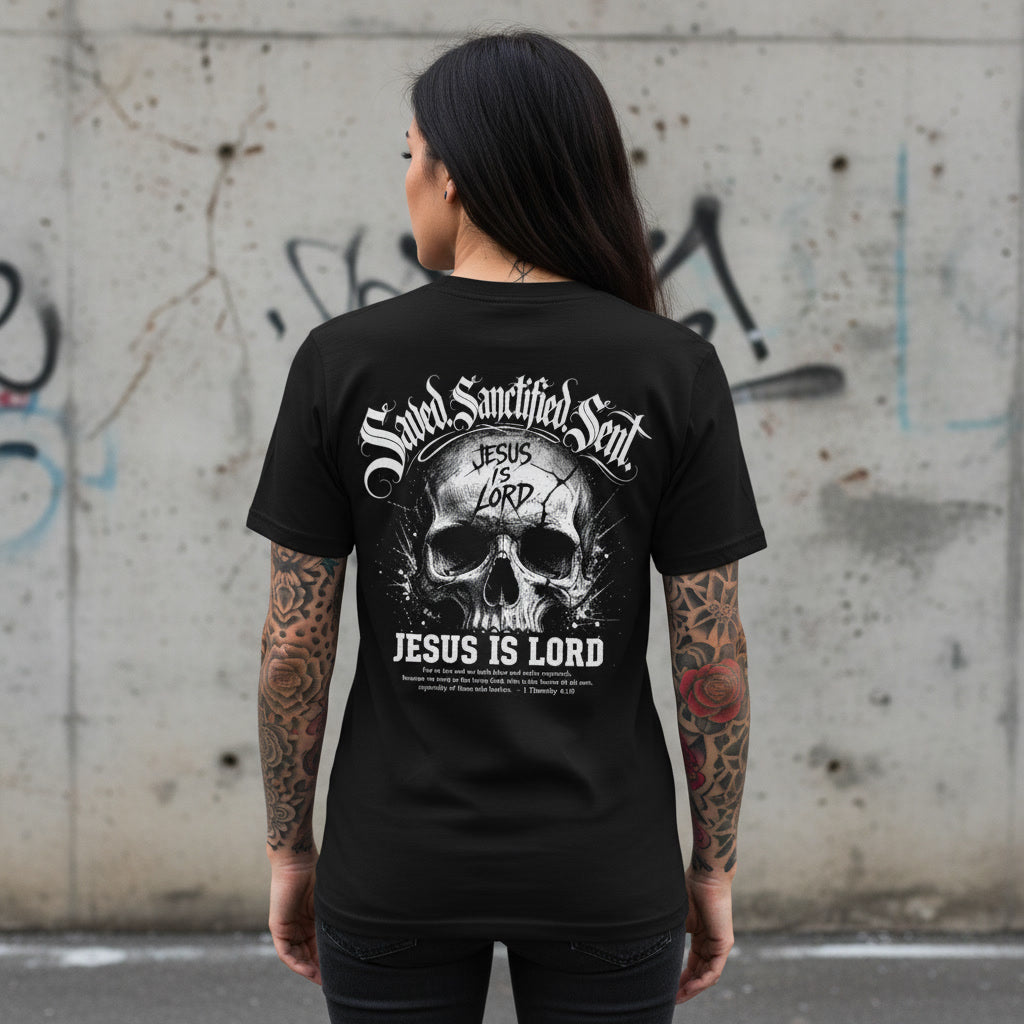 Black t-shirt with the Saved Sanctified Sent design in white across the back