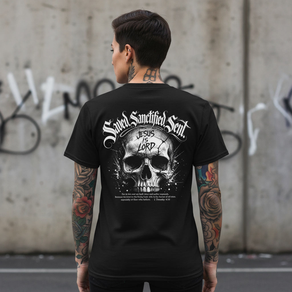 Saved Sanctified Sent black t-shirt from Pure Grit Faith, Christian metal style