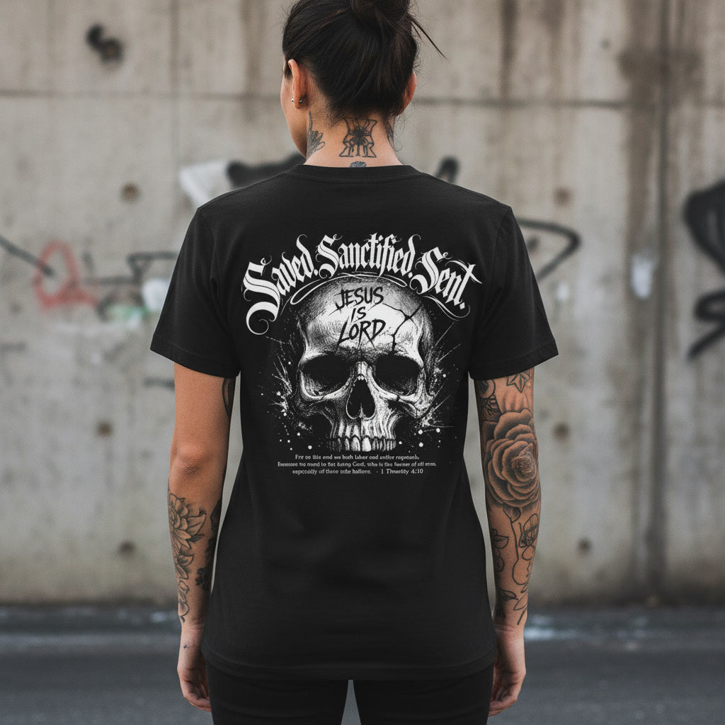 Saved Sanctified Sent t-shirt in black with a white back print, alt Christian apparel