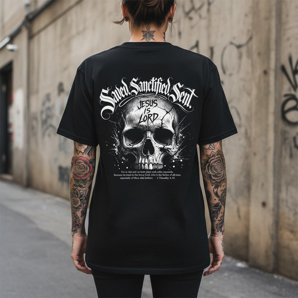 Saved Sanctified Sent t-shirt, alt Christian streetwear in black