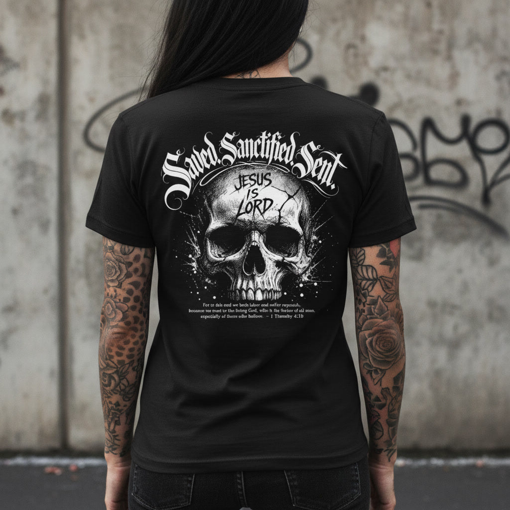 Black t-shirt showing the Saved Sanctified Sent print in white blackletter