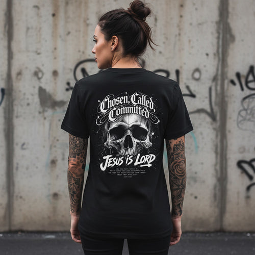 Chosen Called Committed t-shirt in black with a white back print, alt Christian apparel