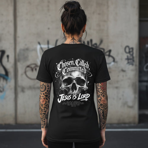 Black t-shirt with the Chosen Called Committed design in white across the back
