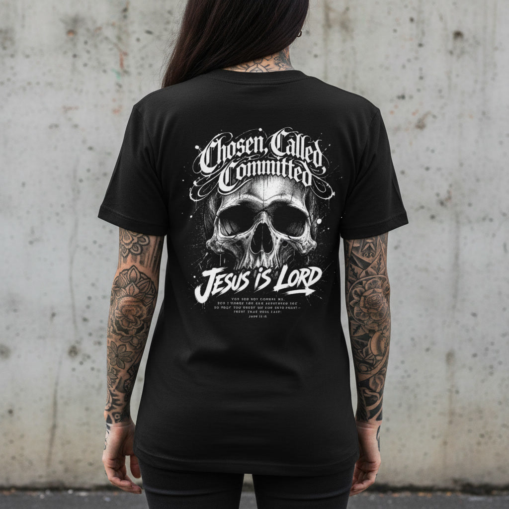 The Chosen Called Committed design in white on a black t-shirt