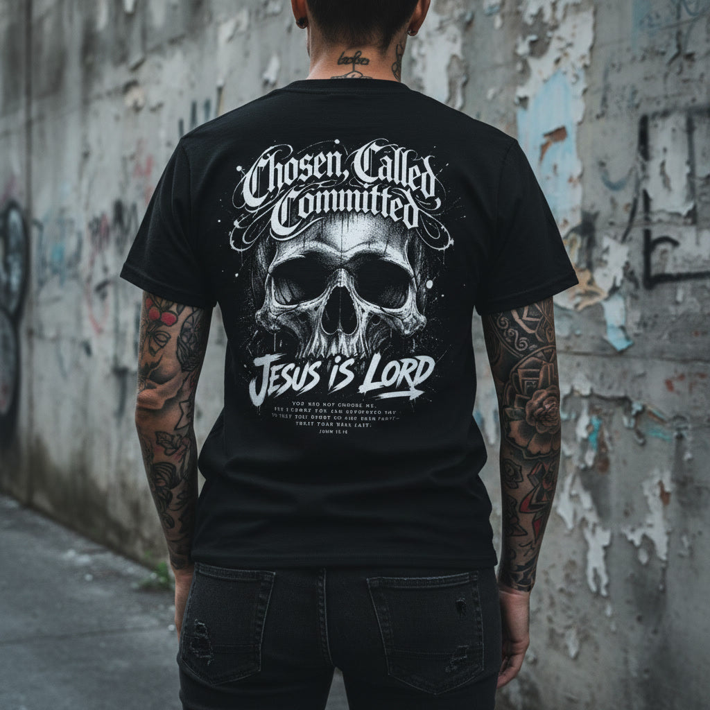 Chosen Called Committed black t-shirt from Pure Grit Faith, Christian metal style
