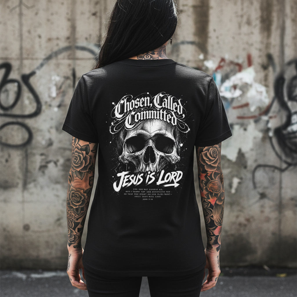 Black t-shirt showing the Chosen Called Committed print in white blackletter