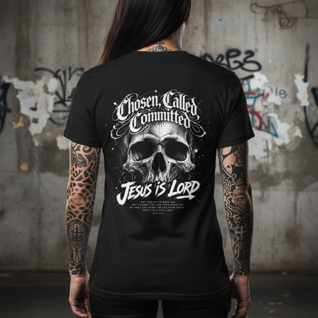 Black t-shirt with the Chosen Called Committed graphic, Pure Grit Faith