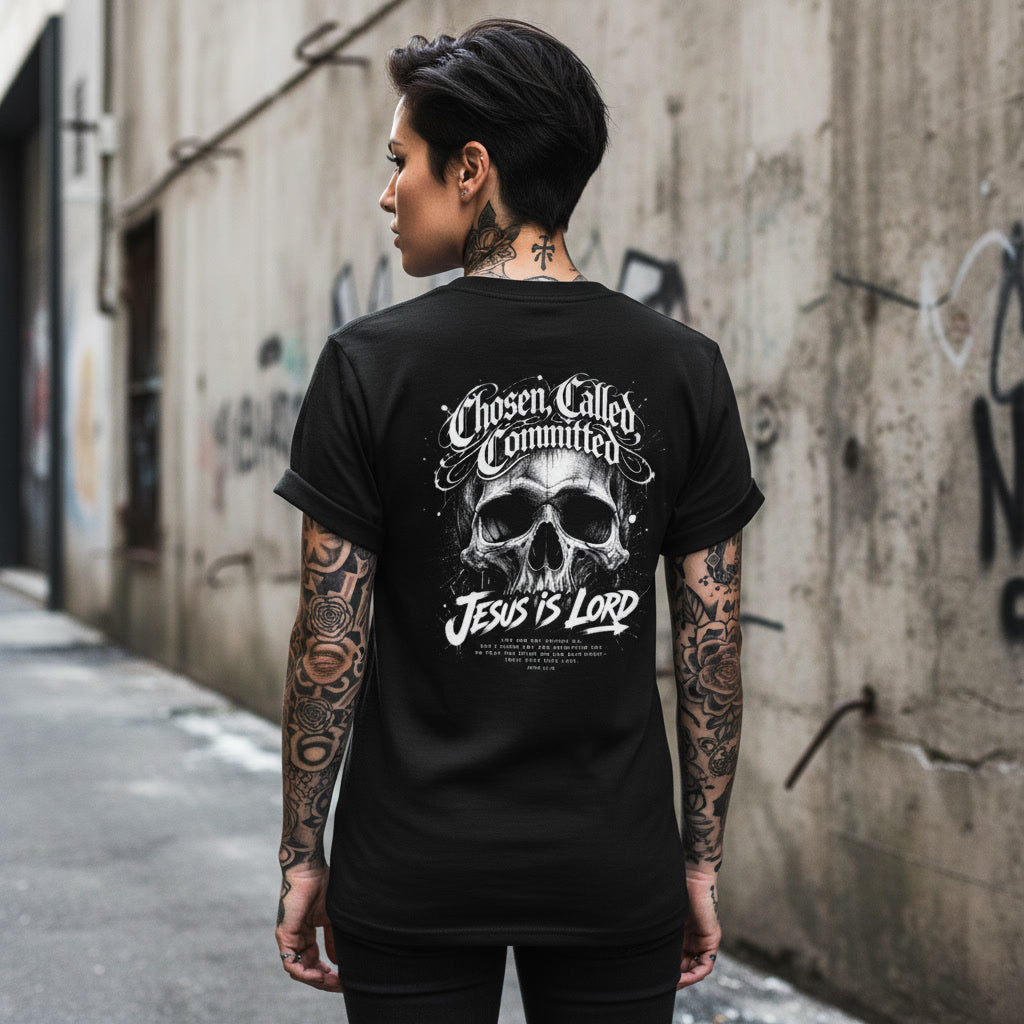 Chosen Called Committed back print on a black t-shirt, Christian hardcore style
