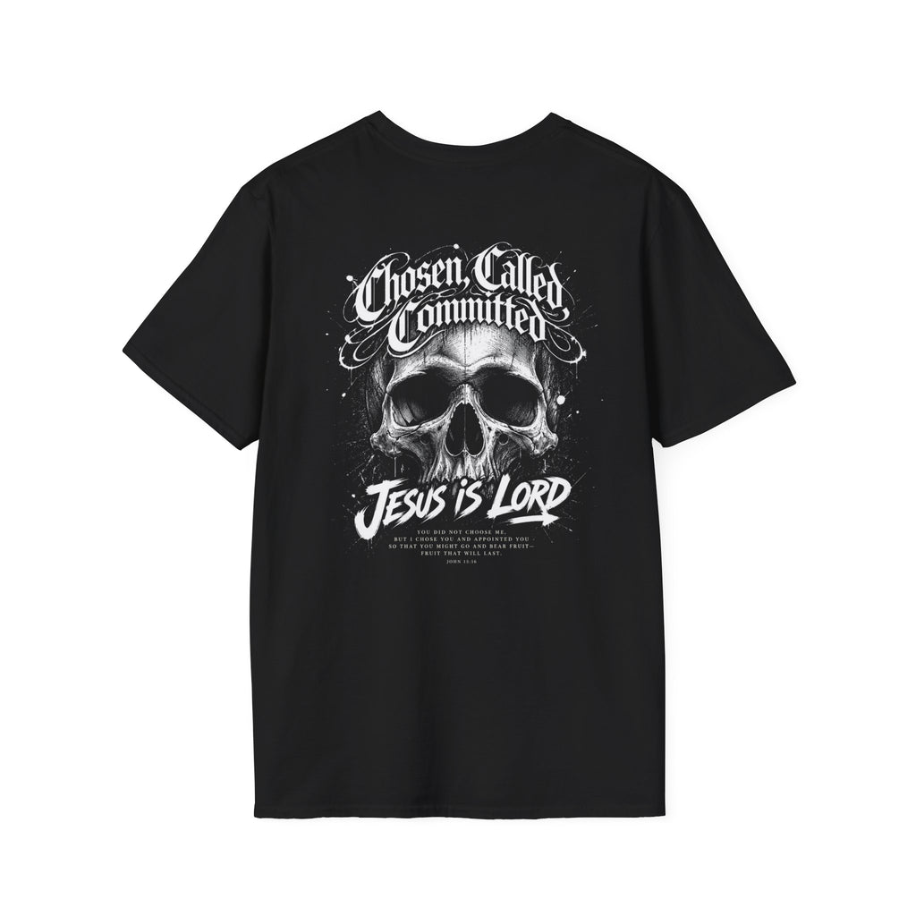 Chosen Called Committed t-shirt in black with a white back print, alt Christian apparel