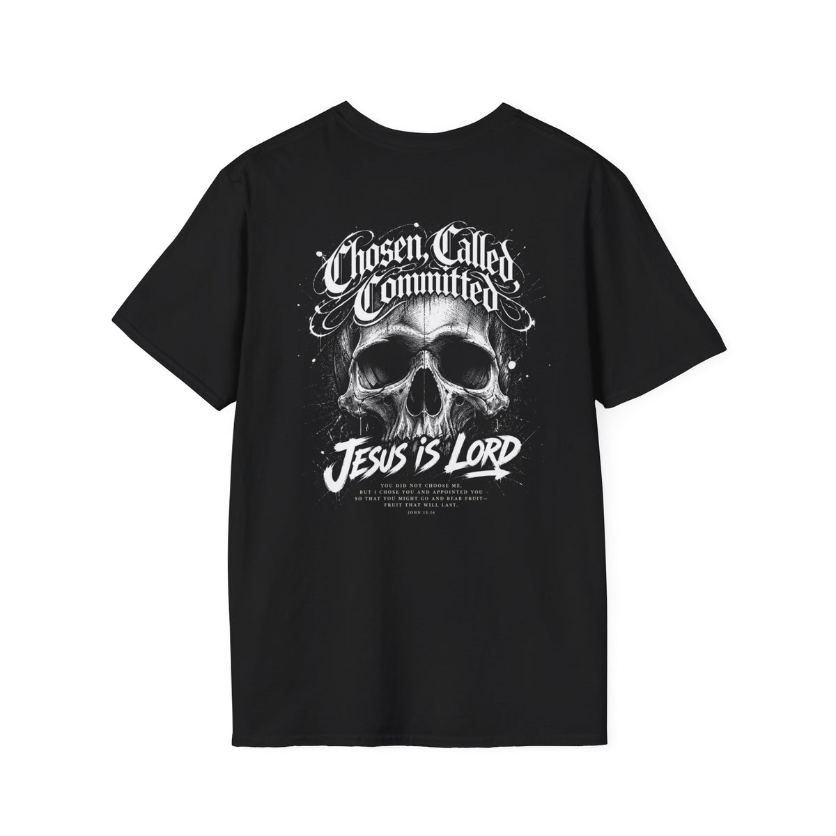 Chosen Called Committed t-shirt in black with a white back print, alt Christian apparel